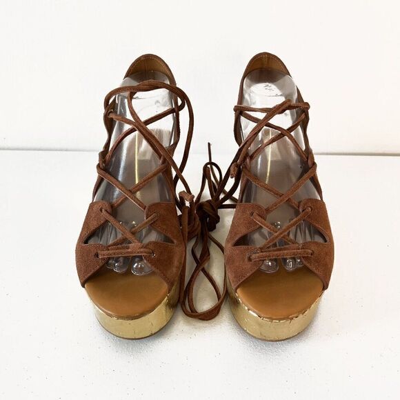 See by Chloe Liana Brown Suede Gold Platform Lace Up Sandals - Picture 3 of 8